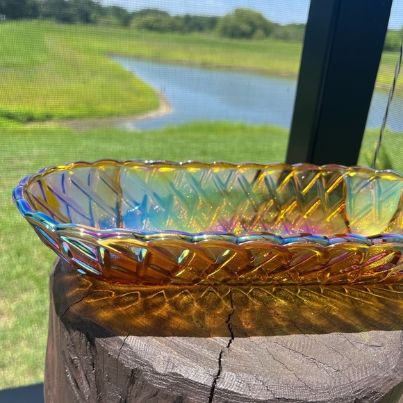 VTG Iridescent Carnival Glass Marigold Bread/ Nut Basket - Picture 8 of 12